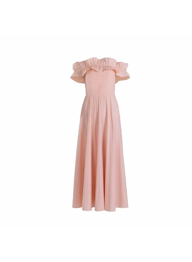 توترندس فستان وردي طويل بدون أكتاف مع تفاصيل كشكشة عند الصدر